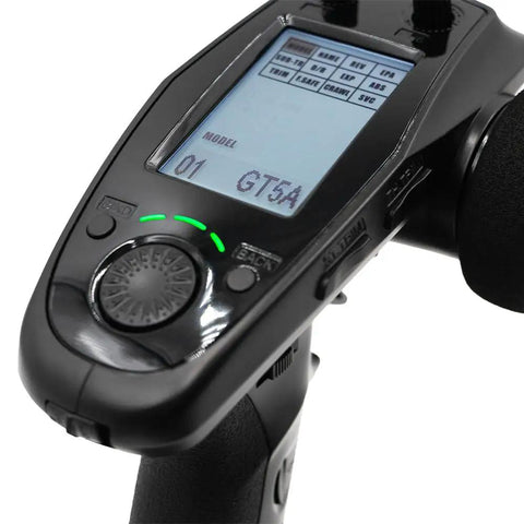 Close-up of GT5 6 Channel 2.4GHz RC Transmitter with AFHDS 2A, showing detailed control panel for cars and boats.