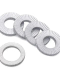 Double Layer Self Locking Belleville Washers For Auto And Industrial Use, Vibration Resistant Anti Loosening Fasteners, Heavy Duty Hardware In Stainless Steel Or Dacromet Finish For Harsh Outdoor, Chemical, Or Construction Equipment Maintenance. stainless steel washers