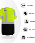 Class Two High Vis Shirt For Men Quick Dry Safety Tee Lightweight Breathable Mesh Back Work Top Tough As Nails For Long Shifts Hard Hat Crew Essential Daytime Construction Wear Sunny Yellow displayed with reflective stripes.