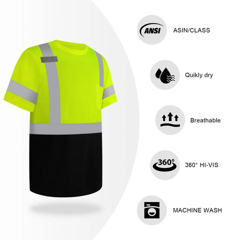 Class Two High Vis Shirt For Men Quick Dry Safety Tee Lightweight Breathable Mesh Back Work Top Tough As Nails For Long Shifts Hard Hat Crew Essential Daytime Construction Wear Sunny Yellow displayed with reflective stripes.