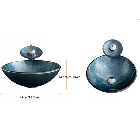 USZWBY Blue Bathroom Vessel Sink, Round 16.5" Tempered Glass Vessel Vanity Sink with waterfall faucet and pop-up drain.