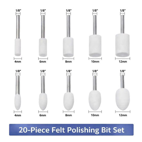 Buffing Wheel Polishing Bits Kit For Rotary Tools One Eighth Inch Shank 20 Piece Set with cylindrical and bullet heads