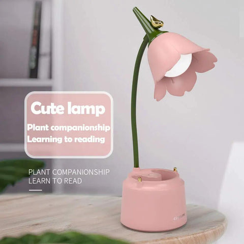 Pink Desk Lamp With Rechargeable LED And USB Charging, Three Color Modes And Stepless Dimming, featuring cute pink flower design