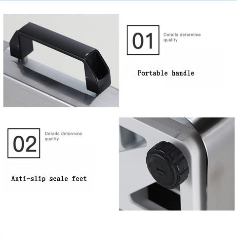 Portable handle and anti-slip scale feet of Straight Up Heavy Duty Digital Platform Scale With Rust Resistant Stainless Steel Base And Clear LED Screen Beast Mode Commercial Shipping Weight Monitor.