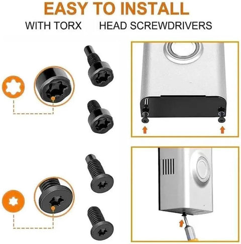 Replacement Screws For Ring Video Doorbell 20Pcs Black 4 Size Set With T5 And T16 Heads, easy installation shown with screws and device