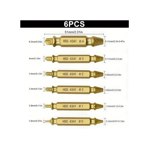 Premium 6 Pc HSS Steel Double Ended Screw Extractor Set Wrench Tool For Stubborn Stripped Bolts And Nuts Heavy Duty Gripping Action To Save Your Project, 6pc HSS 4341 extractors