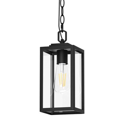 Modern Outdoor Pendant Light With Rock Solid Aluminum Build And Clear Glass Panel Waterproof Rust Proof Exterior Hanging Lamp For Covered Backyard Patio Vibes, black metal frame with clear glass sides.