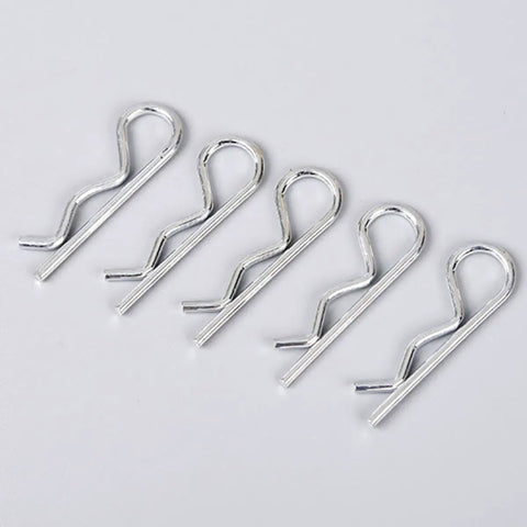 Top Tier R Shaped Cotter Pins 150 Pack Carbon Steel Spring Fasteners, five silver pins displayed, ideal for heavy duty jobs.