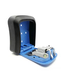 Durable 4 Digit Combination Code Lock Storage Box built for secure wall door mounting with blue interior and gray latch.