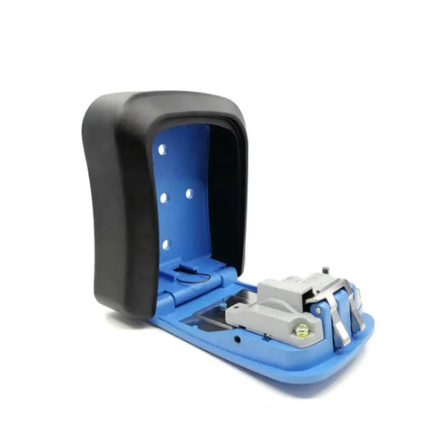Durable 4 Digit Combination Code Lock Storage Box built for secure wall door mounting with blue interior and gray latch.