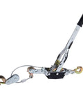 Beast 5 Ton Heavy Duty Come Along Winch with 3 Hooks and 2 Gears, steel construction, side view, shown with handle and cable