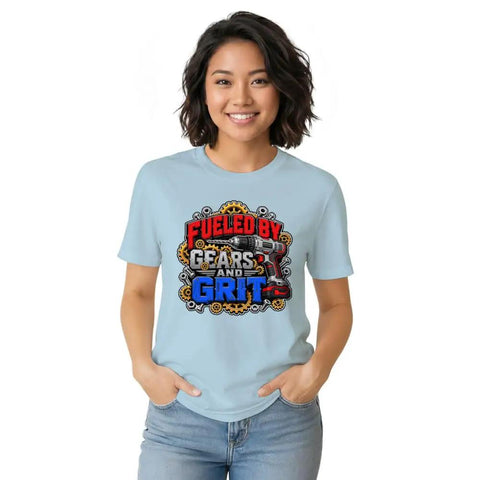 Rad Mechanical Engineer T-Shirt For Gear Heads And Workshop Grinders. Light blue cotton graphic tee on woman with gear design.