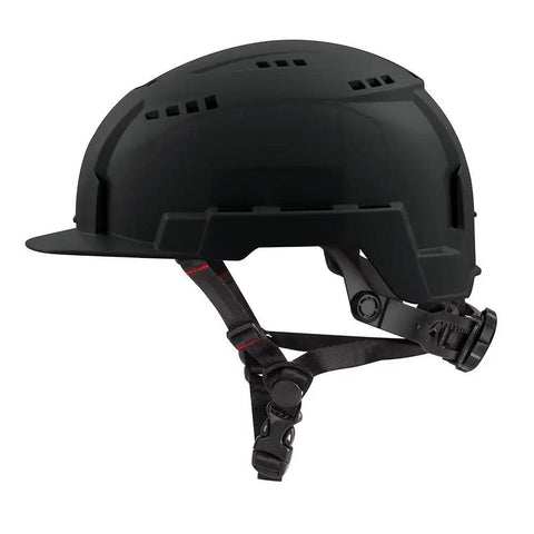 Side view of the Bolt Ratchet Type II Class C Safety Helmet black vented hard hat with quick adjust fit and secure suspension.