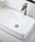 White Vessel Sink With Faucet And Drain Combo For A Dope Modern Bath 19x15 Rectangle Vessel Sink Above Counter Top Mount Porcelain Ceramic Bathroom Basin Durable Easy Clean Design visible from above on white countertop.
