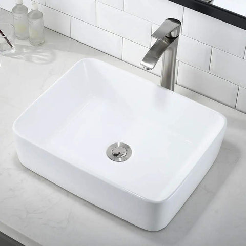 White Vessel Sink With Faucet And Drain Combo For A Dope Modern Bath 19x15 Rectangle Vessel Sink Above Counter Top Mount Porcelain Ceramic Bathroom Basin Durable Easy Clean Design visible from above on white countertop.