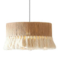YAXDQUW Nordic Style Hemp Rope Pendant Light Hand‑Woven Cotton Tassel Shade Boho Hanging Ceiling Lamp with illuminated tassels.