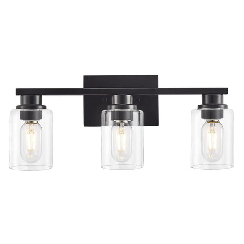 Sleek Matte Black 3 Light Vanity Light With Clear Glass Shades For Bathroom with elegant design