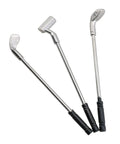 Three mini golf clubs from Mini Golf Set With Red Cover, Rod, And Ball For Outdoor Play And Photo Props, alloy resin material.