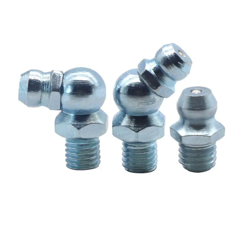 Three grease nipples from the 110 Piece Grease Nipple Set SAE 1/4 and PTF 1/8 Inch Straight 45 Degree 90 Degree Bent Hydraulic Zerk Fittings.
