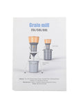 Box for Electric Grain Mill Grinder 1000W Dust Free Operation Detachable Hopper 5 Sieves For Wheat Corn Grains Spices Coffee Beans Large 6.6 Gallon Capacity Grind Your Own Flour And Feed At Home Or Farm with image of grinder unit and capacity options.