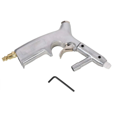 Heavy Duty Handheld Sandblasting Gun Kit With Portable Hopper, silver aluminum surface blaster gun with trigger.