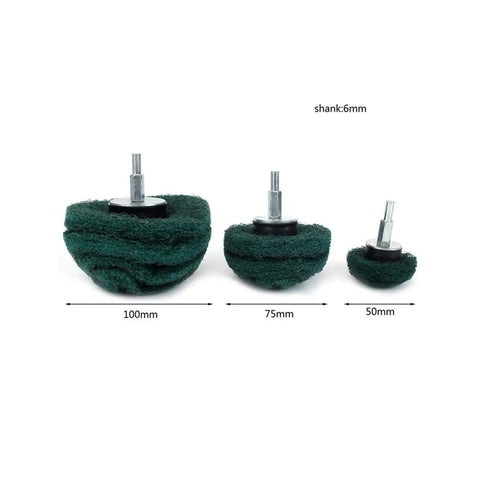 Six Piece Nylon Buffing Mushroom Wheels Set With Assorted 2 Inch 3 Inch And 4 Inch Sizes For Polishing And Cleaning Metal Surfaces using green grit.