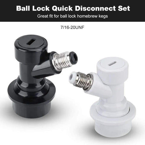 Two Pack Ball Lock Keg Disconnects With MFL Swivel Nuts For Quick No Fuss Beer Keg Connections In Your Home Brew Setup Sankey Compatible Durable Bar Grade Ball Lock Fittings. black and white 7/16-20UNF ball lock keg disconnects