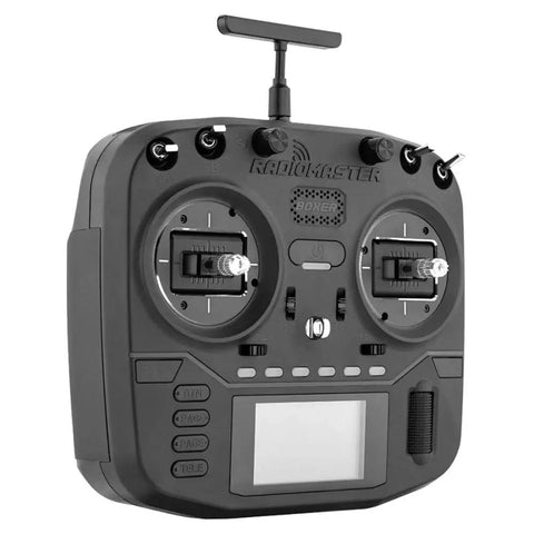 Front view of RadioMaster Boxer 2.4G 16CH Hall Gimbals Transmitter with ExpressLRS 4in1 CC2500, ergonomic design, visible controls