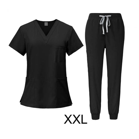 Women's Scrubs Set Top and Jogger Pants, Black, XXL, Machine Washable Nurse Uniform for Spa Beauty Workwear