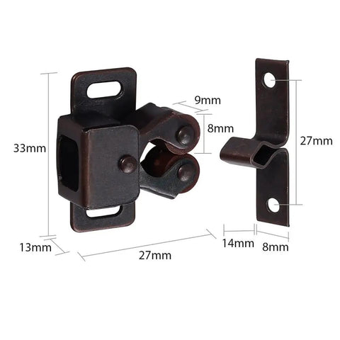 12 Pack Vintage Brown Strong Roller Catch for Cabinets and Cupboards, Heavy Duty Steel Door Lock Hardware with dimensions.
