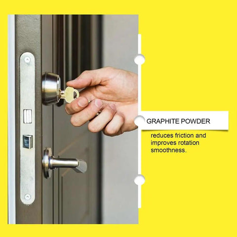 Hand inserting key into lock, illustrating Two Pack Graphite Lock Lubricant With Pencil Shaped Applicator, 8 Gram Graphite Powder for smooth operation.
