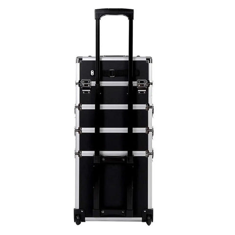Portable Aluminum Frame 4 In 1 Tool Box On Wheels With Removable Carry Case Travel Trolley Organizer showing extendable handle and wheels