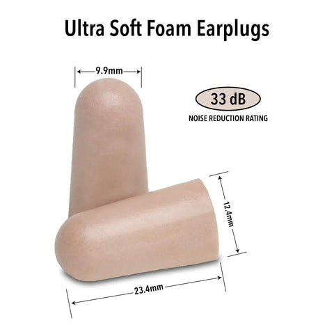 Ultra Soft Foam Earplugs 100 Pairs With 33dB NRR, dimensions shown, for sleep, snoring, concerts, studying, made in USA