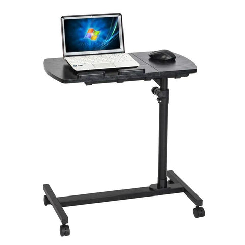 Slick Adjustable Height Computer Desk With Smooth Rolling Casters For No Sweat Home Office Setup Ergonomic Lift Standing Workstation Mobile Laptop Cart Black Finish, compact design with laptop and mouse.