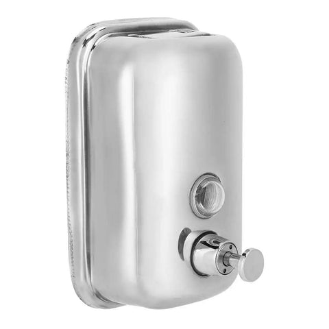 Heavy Duty Stainless Steel Wall Mount Soap Dispenser With Smooth Glide Manual Pump and Ergonomic One Touch Operation, side view.