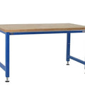 Rock Solid Electric Height Adjustable Workbench With 24 X 72 Inch Footprint And 1.75 Inch Thick Oiled Solid Maple Hardwood Top In Classic Light Blue, sturdy blue frame with wooden top.