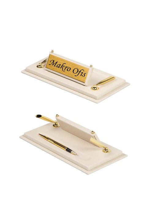 Bonded Leather Boss Level 12-Piece Executive Desk Set name plate and pen holder in cream leather