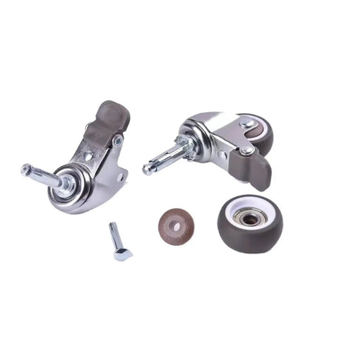 Rock Solid Swivel Casters Featuring Secure Locking Rubber Wheels And Precision Threaded Stem Dual Brake Setup For Super Slick 360 Rolling On Trolley Shelf Carts, showing two casters and accessories.