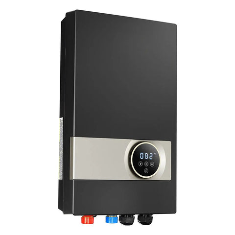 Ditch The Old Tank For This 27kW Tankless Electric Water Heater 240V Under Sink Unit With LCD Touch Screen Temp Lock Works Like A Charm For Bathroom Kitchen Or Office Spaces Sleek Black mounted in a vertical position showing digital control.