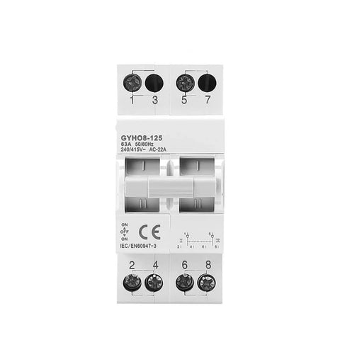 Heavy Lift Dual Power Circuit Breaker AC Isolator Switch With Snappy Electromagnetic Trip and Dependable Overload Protection for Stress Free Residential and Commercial Hookups, 63A design, front view.