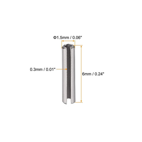 Pro Grade Heavy Duty Badass Slotted Spring Pins M1.5 By 6mm 304 Stainless Steel Split Rolling Dowel Fasteners, showing dimensions 1.5mm x 6mm.