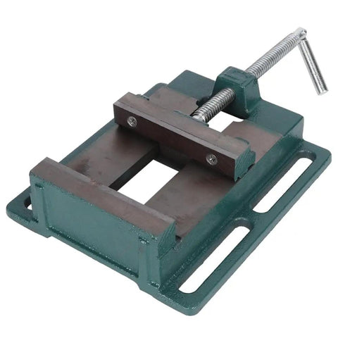 Beefy Five Inch Machine Vise With Widened Jaws For Woodworking And Drill Press Tasks, heavy duty cast iron clamp in green