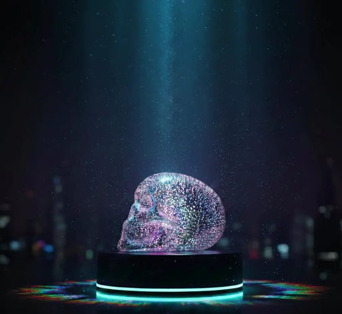 LED Skull Table Lamp With Gothic Glow Battery Powered Three AAA Batteries Needed on a dark table with ambient light