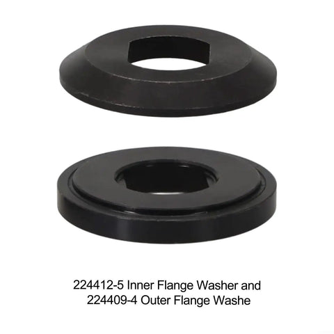 Heavy Duty Flange Washer Set For Circular Saw Blades Outer 224409-4 And Inner 224412-5, two black washers on white backdrop
