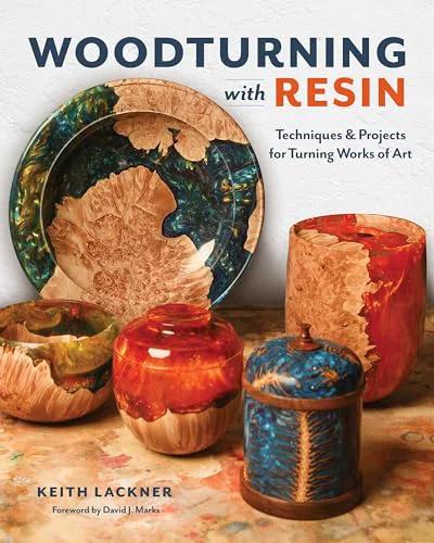 Book cover: Woodturning with Resin by Amazon; colorful turned resin-wood bowls and vases on display.