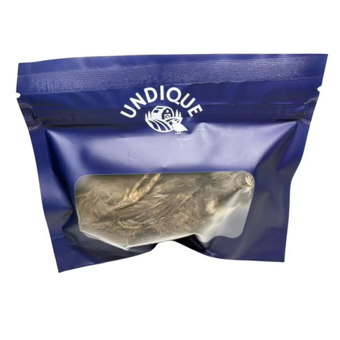 Whole Dehydrated Quail for Bird Dog Training and Falconry, High Protein Raw Feeding Treats in sealed blue packaging