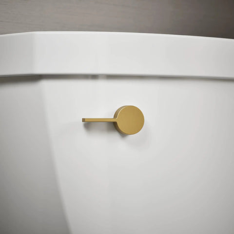 Cimarron Left-Hand Trip Lever for Comfort Height Toilets, vibrant brushed moderne brass finish, installed on white toilet