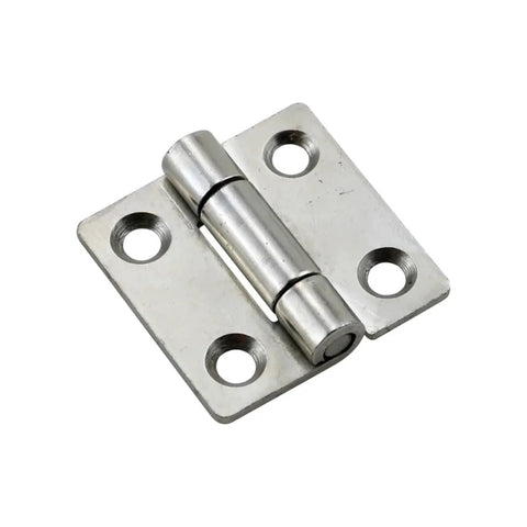 Close-up of a 1.5-inch square damping hinge with mounting plate and four screw holes
