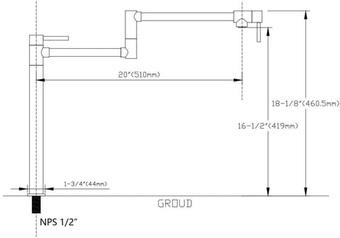 Technical drawing of Deck Mount Pot Filler Faucet in Chrome Finish with Extension Shank and 20 Inch Dual Swing Joints Spout for Easy Kitchen Filling No Fuss Effort ICC-ES PMG Certified ASME A112.18.1 CSA B125.1 Compliant, showing dimensions.