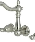 Heritage Wall Mount Vessel Sink Faucet Brushed Nickel, 8 Inch Center, 6 3 8 Inch Spout Reach, Solid Brass, 3-Hole Mount